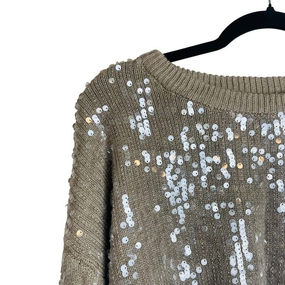 Forever 21 Sweater Womens XL Tan Sequin Pullover Crewneck Knit Party Shimmer - Picture 2 of 8